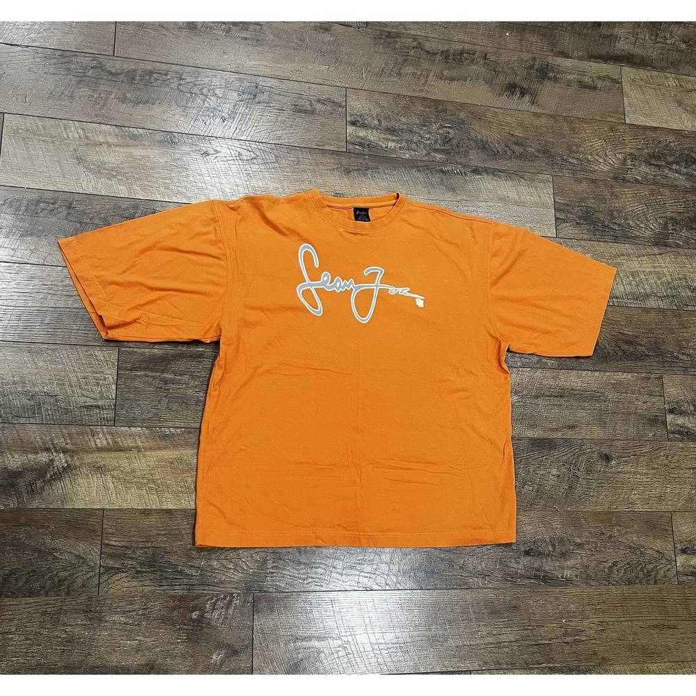 Vintage 90s Y2k Sean John Cursive Graphic Tee Shirt Made‎ In Korea Orange XXL